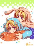  :o ahoge america_(hetalia) animal_costume axis_powers_hetalia bad_id bad_pixiv_id blush cushion dual_persona holding mizunashi_ike multiple_boys no_eyewear pillow polka_dot riding smile star tegaki 