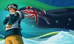  2010_winter_olympics alternate_costume australia australia_(hetalia) australian_flag axis_powers_hetalia bandaid brown_eyes brown_hair cel_shading clothes_writing flag gloves goggles goggles_on_head male_focus medal olympics scrii snow solo sportswear text_focus 