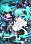  absurdres aqua_hair blue_hair bridal_gauntlets grin hamo_tosaka hatsune_miku hatsune_miku_(append) headset highres long_hair navel smile solo thighhighs twintails very_long_hair vocaloid vocaloid_append 