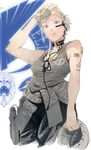  barcode barcode_tattoo blonde_hair braid dog_tags fingerless_gloves gloves gun helmet highres holster lily_agnes military moruga purple_eyes short_hair single_braid solo tank_top tattoo thigh_holster thigh_strap weapon white_hair zoids 