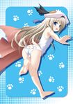  ass barefoot blonde_hair blue_eyes cape fang hat kud_wafter little_busters! long_hair looking_back mizunoe_kotaru noumi_kudryavka one-piece_swimsuit school_swimsuit solo swimsuit white_school_swimsuit white_swimsuit 