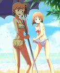  beach beach_umbrella bikini brown_eyes brown_hair checkered checkered_bikini day futami_mami hagiwara_yukiho idolmaster idolmaster_(classic) idolmaster_2 long_hair looking_back multiple_girls print_sarong sarong seven_(harida) short_hair side_ponytail swimsuit umbrella white_sarong 