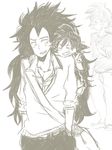  bad_id bad_pixiv_id bardock black_hair brothers brown casual dragon_ball dragon_ball_z lemon_nosashim long_hair male_focus monochrome multiple_boys raditz siblings simple_background smile son_gokuu v white_background younger 