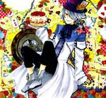  allo5r cake card emily_(pandora_hearts) falling_card floating_card flower food formal hair_over_one_eye hat male_focus pandora_hearts red_eyes silver_hair sitting solo top_hat xerxes_break 