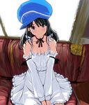  bad_id bad_pixiv_id black_hair blue_eyes breasts cabbie_hat choker cleavage couch detached_sleeves dress frills girl_with_golden_shoe hat kin_no_kutsu_gin_no_kutsu masao medium_breasts original ribbon ribbon_choker sitting smile solo white_dress window 