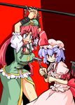  bat_wings blue_eyes braid china_dress chinese_clothes dress fang harukatron hat hong_meiling long_hair md5_mismatch multiple_girls purple_hair rake red_eyes red_hair remilia_scarlet short_hair touhou twin_braids wings 