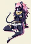  breasts clothed clothing feline female hair king_of_thorn legwear looking_at_viewer mammal muscles muscular_female pink_hair red_eyes skimpy solo toeless_socks zeus_race zeusu_neechan 