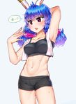  animal_ears arm_behind_head armpits bad_id bad_pixiv_id bangs bike_shorts blue_background blue_hair blue_nails bunny_ears cameltoe collarbone ear_clip eyebrows_visible_through_hair hand_up kanou_(natsuno0223) long_hair low_twintails midriff nail_polish navel red_eyes seiran_(touhou) simple_background solo sports_bra sweat toned touhou twintails 