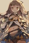  bad_id bad_pixiv_id bridal_gauntlets brown_eyes brown_hair cowboy_shot girls_frontline hair_ornament hairclip hands_on_own_chest hands_together highres k-2_(girls_frontline) long_hair looking_at_viewer minncn navel off_shoulder 