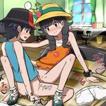  1boy 1girl bedroom black_eyes black_hair blush bottomless breasts clothed_sex happy_sex hetero indoors mizuki_(pokemon_ultra_sm) no_panties pokemon pokemon_(game) pokemon_ultra_sm pussy shorts shorts_removed small_breasts smile spread_legs tank_top twin_braids vaginal you_(pokemon_ultra_sm) 