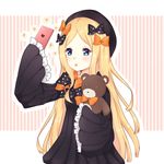  abigail_williams_(fate/grand_order) bangs black_bow black_dress black_hat blonde_hair blue_eyes bow cellphone commentary_request dress fate/grand_order fate_(series) hair_bow hat highres holding holding_cellphone holding_phone light_(luxiao_deng) long_hair long_sleeves looking_at_viewer object_hug orange_bow parted_bangs phone polka_dot polka_dot_bow self_shot sleeves_past_wrists smartphone solo sparkle striped striped_background stuffed_animal stuffed_toy teddy_bear vertical-striped_background vertical_stripes very_long_hair 