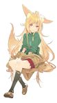  animal_ears bad_id bad_pixiv_id bangs black_legwear blonde_hair brown_footwear brown_jacket closed_mouth commentary_request copyright_request ear_down fox_ears fox_girl fox_tail green_sweater hair_between_eyes invisible_chair jacket koyoi_mitsuki long_hair looking_at_viewer off_shoulder pink_eyes pleated_skirt red_skirt shoes simple_background sitting skirt smile socks solo sweater tail white_background 