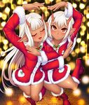  bangs bell blunt_bangs boots bow breasts brown_eyes character_request closed_eyes commentary_request dancing dark_skin from_above fur_trim highres holly horns knee_boots leg_up long_hair looking_at_viewer multiple_girls oni_horns open_mouth pointy_ears ribbon santa_costume short_hair slit_pupils small_breasts smile sophie_(tamanin_asagi) taimanin_(series) taimanin_asagi_kessen_arena thighs very_long_hair white_hair yuphie_(taimanin_asagi) zol 