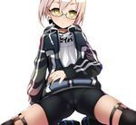  artoria_pendragon_(all) ass_visible_through_thighs bike_shorts blush cameltoe commentary_request fate/grand_order fate_(series) glasses gym_shirt hair_between_eyes highres hood hooded_track_jacket hoodie jacket kneeling mysterious_heroine_x_(alter) name_tag semi-rimless_eyewear shimejinameko shirt skindentation solo thigh_strap thighs track_jacket under-rim_eyewear white_background yellow_eyes 