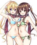  :d arm_up armpits asymmetrical_docking bangs beads bikini blend_s blonde_hair blue_bikini blue_eyes blunt_bangs breast_press breasts brown_hair cleavage commentary_request company_connection cowboy_shot crossover eyebrows_visible_through_hair gochuumon_wa_usagi_desu_ka? green_bikini green_eyes groin hair_beads hair_between_eyes hair_ornament hinata_kaho kurou_(quadruple_zero) large_breasts long_hair looking_at_viewer manga_time_kirara matching_hairstyle multiple_girls navel open_mouth plaid plaid_scarf scarf shared_scarf side-tie_bikini simple_background sketch smile standing swimsuit twintails ujimatsu_chiya very_long_hair white_background 