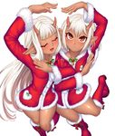  2girls bare_legs bare_shoulders blush boots breasts brown_eyes christmas curvy dancing dark_skin demon_girl dress eyes_closed female happy horns long_hair looking_at_viewer multiple_girls oni_horns pointy_ears shiny shiny_skin short_hair simple_background sisters small_breasts smile sophie_(taimanin_asagi) taimanin_(series) taimanin_asagi taimanin_asagi_battle_arena take_your_pick twins very_long_hair white_background white_hair yuphie_(taimanin_asagi) zol 