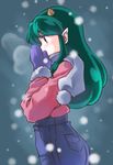  ass blue_mittens blue_scarf breath cold covering_mouth cowboy_shot denim eyebrows_visible_through_hair green_eyes green_hair high-waist_pants horns jeans long_hair lum mittens nekomaru pants pink_sweater pointy_ears scarf snow snowing solo sweater urusei_yatsura 