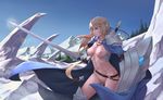  armor bangs belt bigrbear blonde_hair blue_cape blue_eyes blue_sky breasts cape closed_mouth commentary contrapposto cowboy_shot day glint greaves hair_between_eyes headpiece highres holding holding_sword holding_weapon long_hair long_sword medium_breasts naked_cape navel nipples original pussy shield sky snow solo standing sword warrior weapon 