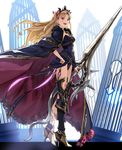  :d armor armored_boots asymmetrical_legwear bangs birdcage black_dress black_footwear black_legwear black_leotard blonde_hair boots bow cage cape cloak dress ereshkigal_(fate/grand_order) fate/grand_order fate_(series) fur_trim hair_bow high_heel_boots high_heels holding holding_sword holding_weapon lance leotard long_hair open_mouth parted_bangs polearm purple_bow purple_eyes red_eyes single_greave single_thighhigh skull smile solo spine sword teeth thighhighs thighs tiara two_side_up weapon yahako 