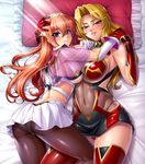  2girls alicia_viewstream bed black_legwear blonde_hair blush breast_press breasts curvy female gloves hair_ornament happy hug huge_hair jewelry kagami_hirotaka kangoku_senkan kangoku_senkan_2 large_breasts lilith-soft looking_at_viewer looking_back lying maya_cordelia multiple_girls no_bra on_bed orange_hair pantyhose purple_eyes red_eyes see-through shiny shiny_clothes shiny_hair sideboob skin_tight skirt smile solo sweat taimanin_asagi_battle_arena thighs thong tiara 