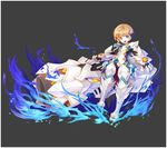  armor blackjd83 blonde_hair blue_eyes brown_hair cannon chung_seiker elsword gauntlets gloves greaves grey_background guardian_(elsword) hair_flaps huge_weapon multicolored_hair necktie non-web_source official_art short_hair smile two-tone_hair weapon white_armor 