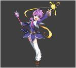  aisha_(elsword) belt dress elsword fingerless_gloves fire fireball gloves grey_background hair_tubes magician_(elsword) necktie non-web_source official_art open_mouth purple_dress purple_eyes purple_hair ress short_hair sidelocks smile staff thighhighs wand white_legwear 