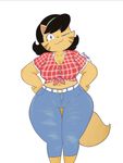  2017 absurd_res anthro belt black_hair breasts brown_fur cat cleavage clothed clothing digital_media_(artwork) dot_eyes feline female fur hair hands_on_hips hi_res jeans looking_at_viewer mammal mature_female midriff minoss mother mrs._katswell navel nickelodeon one_eye_closed pants parent short_hair simple_background smile solo standing t.u.f.f._puppy thick_thighs thigh_gap tied_shirt tight_clothing white_background wide_hips wink 
