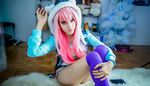  1girl cosplay hoodie lana_rain photo pink_hair smile super_sonico_(cosplay) 
