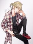  anne_(annene) artist_name bad_id bad_pixiv_id bespectacled blonde_hair checkered checkered_shirt glasses green_eyes jewelry male_focus ponytail ring shirt shoes sitting smile sneakers yellow-framed_eyewear yuri!!!_on_ice yuri_plisetsky 