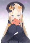  abigail_williams_(fate/grand_order) absurdres bangs black_bow black_dress black_hat blonde_hair blue_eyes blush bow commentary_request covered_mouth dress eyebrows_visible_through_hair fate/grand_order fate_(series) forehead hair_bow hat highres holding holding_stuffed_animal long_hair long_sleeves looking_at_viewer mishima_ryo orange_bow parted_bangs polka_dot polka_dot_bow sleeves_past_fingers sleeves_past_wrists solo stuffed_animal stuffed_toy teddy_bear 