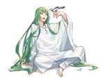  :d amg_(nwmnmllf) androgynous arm_support barefoot bird bird_on_hand commentary_request enkidu_(fate/strange_fake) eyebrows_visible_through_hair fate/grand_order fate/strange_fake fate_(series) green_eyes green_hair hand_up long_hair long_sleeves male_focus open_mouth robe signature simple_background sitting smile solo toenails very_long_hair white_background white_robe 