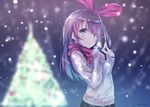  a.i._channel bangs black_skirt blue_eyes blurry blurry_background blush bow breasts brown_hair christmas christmas_ornaments christmas_tree closed_mouth commentary_request depth_of_field eyebrows_visible_through_hair eyelashes fingernails fingers_together hair_bow hairband highres kizuna_ai long_hair long_sleeves looking_at_viewer multicolored_hair noto_kurumi pink_bow scarf skirt small_breasts smile snowing solo streaked_hair sweater twitter_username virtual_youtuber white_sweater winter_clothes 