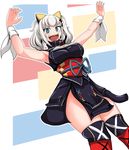  :d armpits black_legwear blue_eyes blush breasts breath cleavage commentary_request cross-laced_clothes cross-laced_legwear highres kaguya_luna kaguya_luna_(character) large_breasts looking_at_viewer open_mouth sash silver_hair sleeveless smile solo stitching teeth thighhighs twintails virtual_youtuber yaruku 