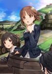  akiyama_yukari bangs battle black_jacket blue_jacket blue_sky brown_eyes brown_hair churchill_(tank) cloud cloudy_sky commentary_request day eyebrows_visible_through_hair firing garrison_cap girls_und_panzer grass green_shirt ground_vehicle hat highres isuzu_hana jacket katyusha kay_(girls_und_panzer) kuromorimine_military_uniform long_hair long_sleeves looking_at_another looking_back m4_sherman mikazuki_akira! military military_uniform military_vehicle motor_vehicle multiple_girls nishizumi_maho nishizumi_miho ooarai_military_uniform open_mouth outdoors panzerkampfwagen_iv pleated_skirt pravda_military_uniform saunders_military_uniform shirt short_hair skirt sky smile smoke t-34-85 tank throat_microphone tiger_i uniform white_skirt 