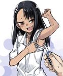  774_(nanashi) :d arm_up armpits black_hair brown_eyes dark_skin fang ijiranaide_nagatoro-san long_hair looking_at_viewer nagatoro open_mouth out_of_frame pov pov_hands smile solo_focus sweatdrop thermometer 