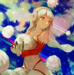  altera_(fate) altera_the_santa animal bad_id bad_pixiv_id bangs bare_shoulders blunt_bangs closed_mouth commentary detached_sleeves earmuffs fate/grand_order fate_(series) gloves grey_gloves holding holding_animal red_eyes revealing_clothes ryono_mizuki sheep short_hair silver_hair sitting smile solo veil 