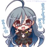  :d ahoge bangs bespectacled black_serafuku black_shirt black_skirt blush cosplay cowboy_shot crescent crescent_moon_pin dated double_v eyebrows_visible_through_hair glasses grey_eyes hair_between_eyes head_tilt kantai_collection kiyoshimo_(kantai_collection) komakoma_(magicaltale) long_hair long_sleeves looking_at_viewer mochizuki_(kantai_collection) mochizuki_(kantai_collection)_(cosplay) necktie open_mouth pink-framed_eyewear pleated_skirt school_uniform semi-rimless_eyewear serafuku shirt silver_hair simple_background skirt smile solo translated twitter_username under-rim_eyewear v v-shaped_eyebrows very_long_hair white_background white_neckwear 