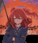  alien_(psr992) bangs closed_eyes closed_mouth cloud coin commentary_request eyebrows_visible_through_hair facing_viewer hair_between_eyes hair_bobbles hair_ornament hands_in_opposite_sleeves holding onozuka_komachi outdoors red_hair red_sky scythe sidelocks sky solo touhou tree two_side_up upper_body 