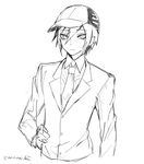  1boy buttons danganronpa eyebrows hand hat nanamichiii necktie new_danganronpa_v3 saihara_shuuichi shirt short_hair simple_background solo suit tie white_background 