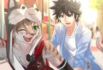  akiya-kamikawa clothing feline green_eyes grey_eyes hat human leopard_cat liao mammal nekojishi one_eye_closed outside shu-chi sleeveless_hoodie smile stripes wink 