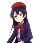  bangs beret blue_hair blush commentary_request hair_between_eyes hat long_hair looking_at_viewer love_live! love_live!_school_idol_project nanotsuki red_ribbon ribbon simple_background solo sonoda_umi wavy_mouth white_background yellow_eyes 