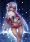  altera_(fate) altera_the_santa bare_shoulders blush commentary_request crossed_arms dark_skin detached_sleeves earmuffs fate/grand_order fate_(series) highres looking_at_viewer mittens navel red_eyes sheep short_hair smile solo veil white_hair yoshida_takuma 