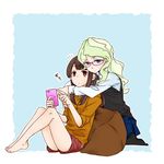  bare_legs barefoot cellphone commentary cushion diana_cavendish eyebrows_visible_through_hair glasses hood hoodie hug hug_from_behind kagari_atsuko little_witch_academia multiple_girls no_shoes phone raisun shorts sweater_vest translation_request yuri 