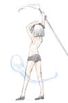  alternate_costume armpits arms_up bangs bare_legs black_eyes black_footwear black_ribbon black_shorts blunt_bangs floating from_behind full_body ghost hair_ribbon highres holding holding_sword holding_weapon konpaku_youmu konpaku_youmu_(ghost) nibi ribbon shoes short_hair shorts silver_hair simple_background sketch sleeveless solo sword tassel touhou weapon white_background 