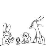 2017 antelope anthro black_and_white buckteeth chair clasped_hands clothed clothing disney eyewear fan_character fuel_(artist) fuel_(character) gazelle glasses group lagomorph male mammal microphone monochrome mustelid open_hoodie otter rabbit simple_background sitting table teeth vrbit_(comicanon) white_background zootopia 