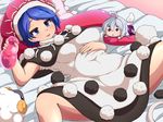  :d belly belly_rub black_capelet blue_eyes blue_hair breasts capelet character_doll commentary_request covered_navel doremy_sweet dream_soul dress kishin_sagume layered_dress looking_at_viewer lying medium_breasts on_back open_mouth peso_(cheese_company) pom_pom_(clothes) seductive_smile sheep smile smug solo spread_legs tail tapir_tail touhou 