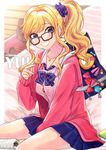  bespectacled blonde_hair blue_eyes blurry bra breasts depth_of_field eyebrows_visible_through_hair glasses highres idolmaster idolmaster_cinderella_girls jewelry long_hair medium_breasts necklace ootsuki_yui ponytail scan smile solo tomato_omurice_melon underwear wavy_hair 