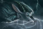  2017 ambiguous_gender black_fur black_lips black_mane black_markings bust_portrait cyan_markings detailed detailed_background detailed_fur digital_media_(artwork) dragon ears_back eastern_dragon feral flashw fluffy flying fur green_eyes horn inner_ear_fluff lightning long_ears long_mouth long_neck looking_up mammal mane markings no_sclera outside pink_nose portrait raining ridged_horn side_view slit_pupils smile snout solo spikes storm water_drop whiskers wind 