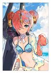  andrian_gilang bandages beach blue_bikini_top blue_eyes breasts choker cleavage cloud cloudy_sky collarbone day double_bun fate/grand_order fate_(series) frankenstein's_monster_(fate) frankenstein's_monster_(swimsuit_saber)_(fate) hair_ornament hair_over_one_eye highres horn looking_at_viewer medium_breasts off_shoulder open_clothes open_shirt outdoors parted_lips pink_hair ribbon ribbon_choker shirt short_hair sketch sky solo white_ribbon white_shirt 