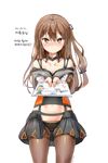 blush breasts brown_eyes brown_hair card cleavage collarbone commentary girls_frontline h.b hair_ornament hairclip highres k-2_(girls_frontline) korean letter long_hair navel panties pantyhose simple_background small_breasts solo translated underwear 